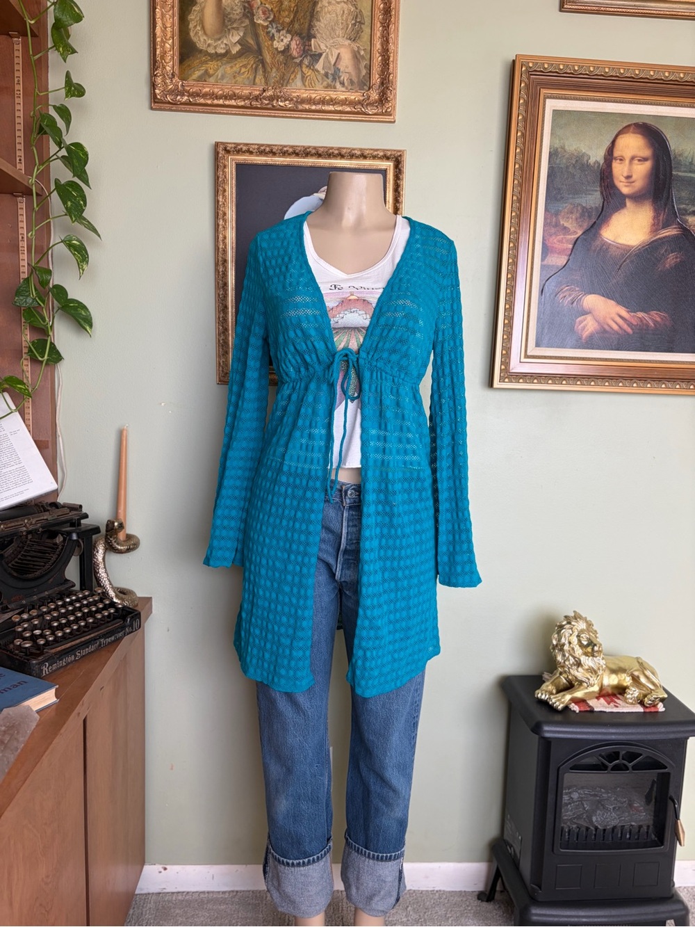 Jantzen Teal Crochet Eyelet Swimsuit Coverup Women’s Size L Boho Chic Fairycore - Picture 2 of 16